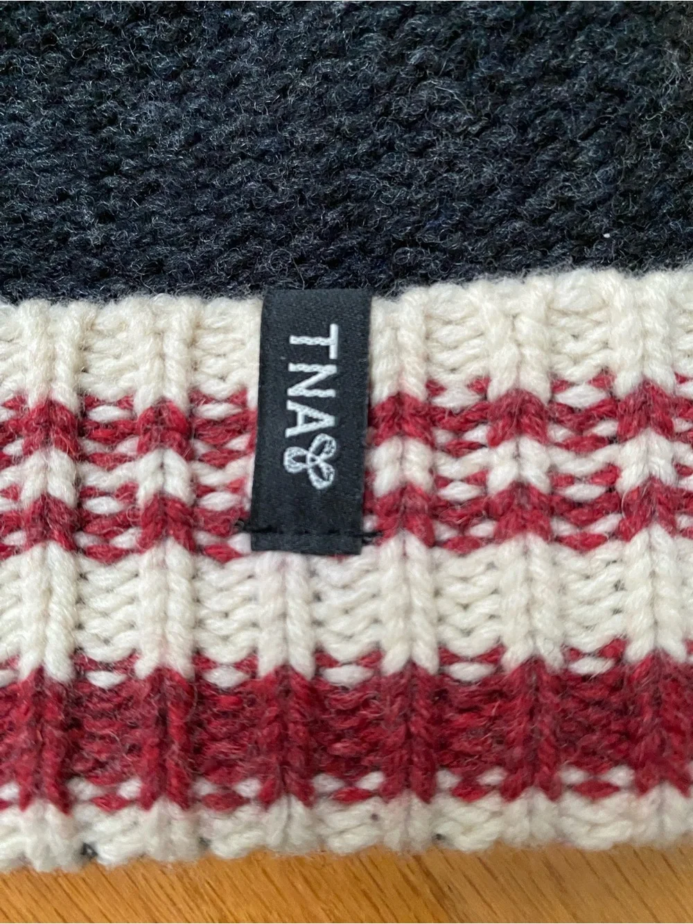 TNA Gray Lambswool fleece lined Knit Beanie with Red & Cream Striped Cuff Unise